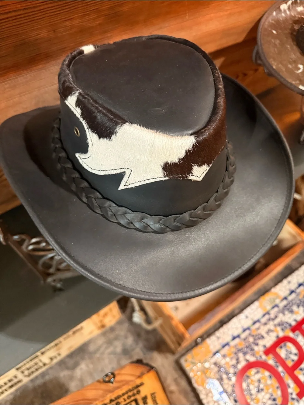 Medium & Black Leather Western Hat with Brown and Cream Hair-On Hide Trim